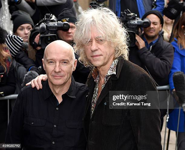 Midge Ure and Bob Geldof attend to record the Band Aid 30 single on November 15, 2014 in London, England.