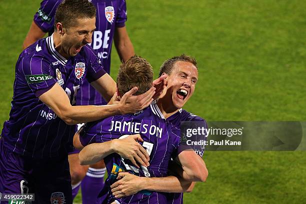 Michael Thwaite of the Glory celebrates with Scott Jamieson after scoring a goal during the round six A-League match between the Perth Glory and...