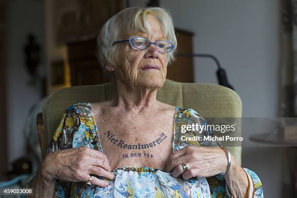 One-year old Nel Bolten has a tattoo on her chest that says: 'Do not reanimate, I am 91+' on November 15, 2014 in The Hague, The Netherlands. Dutch...