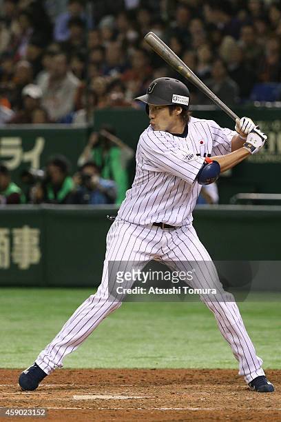 Yuki Yanagita of Samurai Japan in action in the seventh inning during the game three of Samurai Japan and MLB All Stars at Tokyo Dome on November 15,...