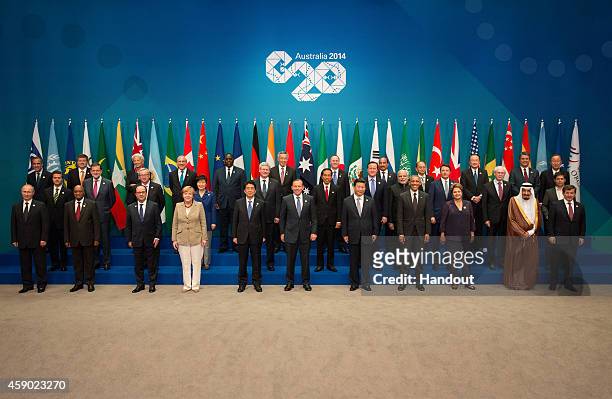 In this handout photo provided by the G20 Australia, Russia's President Vladimir Putin, South Africa's President Jacob Zuma, France's President...