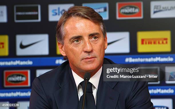 New coach of FC Internazionale Milano Roberto Mancini speaks to the media during a press conference at the club's training ground on November 15,...