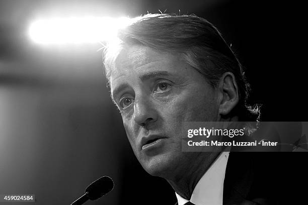 New coach of FC Internazionale Milano Roberto Mancini speaks to the media during a press conference at the club's training ground on November 15,...