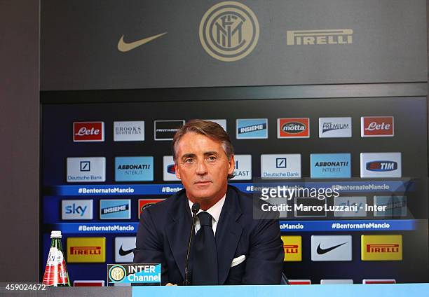 New coach of FC Internazionale Milano Roberto Mancini speaks to the media during a press conference at the club's training ground on November 15,...
