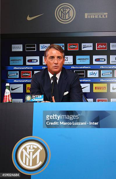 New coach of FC Internazionale Milano Roberto Mancini speaks to the media during a press conference at the club's training ground on November 15,...
