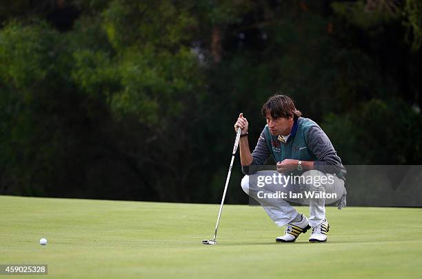 Robert-Jan Derksen of The Netherlands lines up a put during the third round of the 2014 Turkish Airlines Open at The Montgomerie Maxx Royal on...