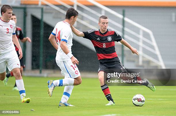 Max Besuschkow of Germany challenges Jakub Kucera of Czech Republic during the international friendly match between U18 Germany and U18 Czech...