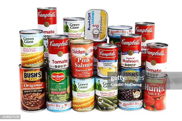 large assortment of canned foods - stacked canned food stock pictures, royalty-free photos & images