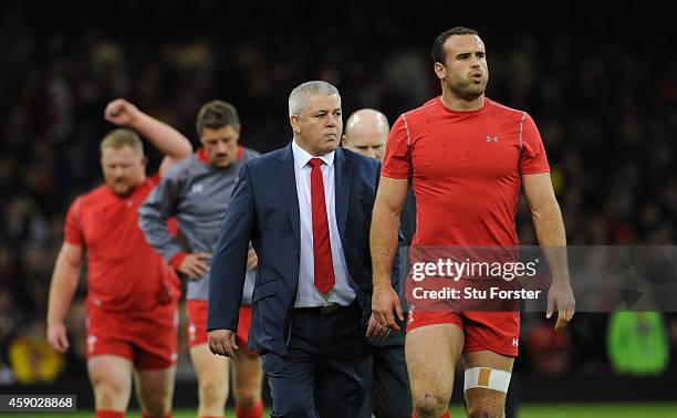 Wales coach Warren Gatland and player Jamie Roberts look on before the International match between Wales and Fiji at Millennium Stadium on November...