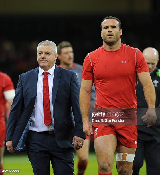 Wales coach Warren Gatland and player Jamie Roberts look on before the International match between Wales and Fiji at Millennium Stadium on November...