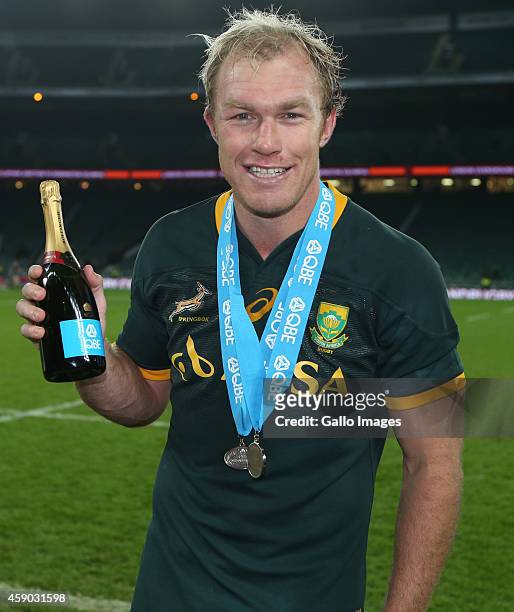 Man of the match Schalk Burger of South Africa celebrates their victory after the QBE International match between England and South Africa at...