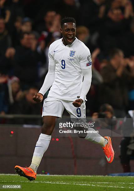 Danny Welbeck of England celebrates scoring the third goal for England during the EURO 2016 Qualifier Group E match between England and Slovenia at...