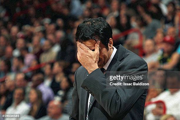 Head Coach Erik Spoelstra of the Miami Heat looks dejected against the Detroit Pistons on January 25, 2013 at American Airlines Arena in Miami,...