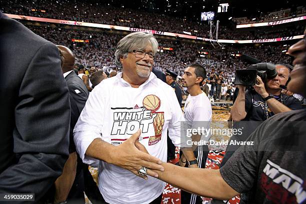 Micky Arison of the Miami Heat celebrates after defeating the San Antonio Spurs following during Game Seven of the 2013 NBA Finals on June 20, 2013...