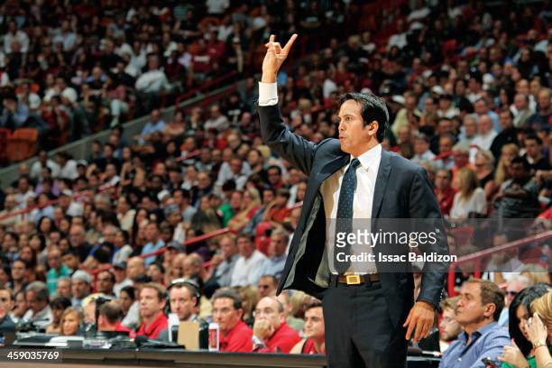 Head Coach Erik Spoelstra of the Miami Heat directs his team against the Portland Trail Blazers on February 12, 2013 at American Airlines Arena in...
