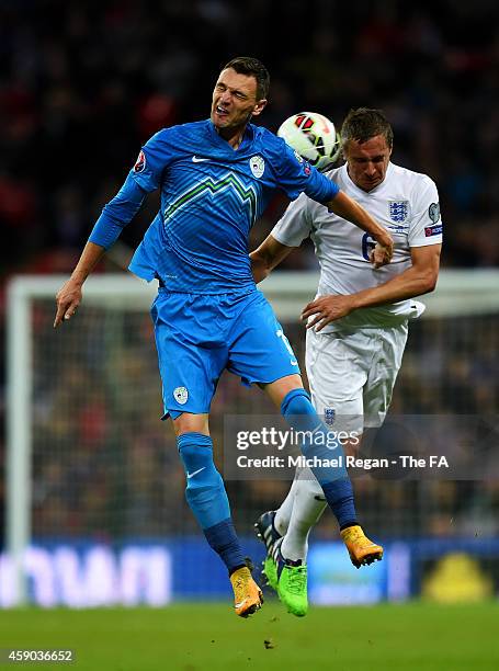 Phil Jagielka of England jumps for the ball with Andraz Kirm of Slovenia during the EURO 2016 Group E Qualifier match between England and Slovenia at...