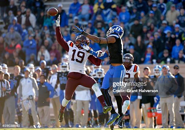 Chuck Clark of the Virginia Tech Hokies breaks up a pass intended for Issac Blakeney of the Duke Blue Devils during their game at Wallace Wade...