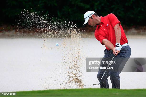 Shawn Stefani of the United States hits a shot out of the bunker on the 16th hole during the third round of the OHL Classic at Mayakoba on November...