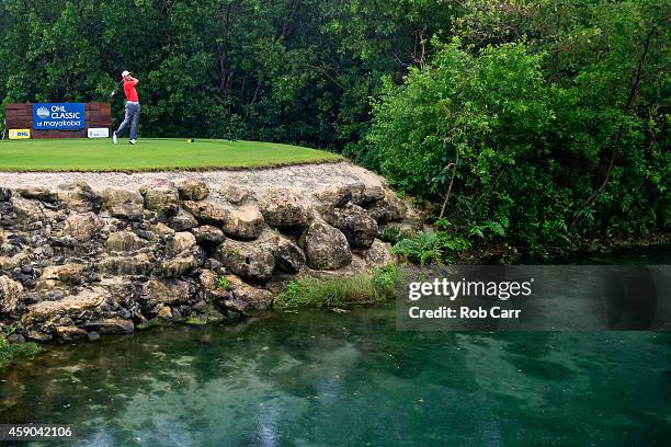 Shawn Stefani of the United States hits a tee shot on the 17th hole during the third round of the OHL Classic at Mayakoba on November 15, 2014 in...