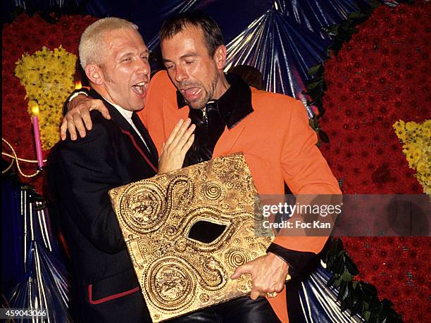 Venus De La Mode awarded fashion designers Jean Paul Gaultier and Thierry Mugler attend a Venus De La Mode Party at Les Bains Douches in the 1980s in...