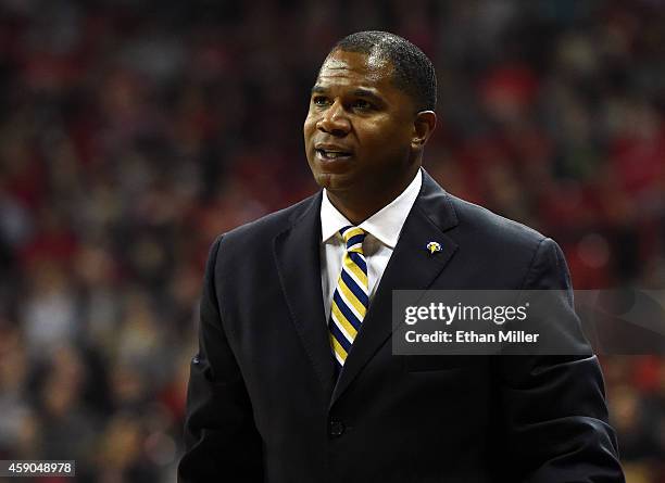 Head coach Sean Woods of the Morehead State Eagles looks on during his team's game against the UNLV Rebels at the Thomas & Mack Center on November...