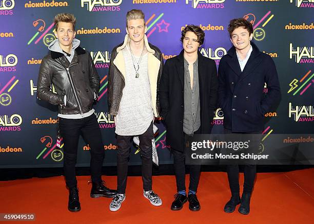 James McVey, Tristan Evans, Bradley Simpson and Connor Ball of the Vamps attends the 2014 Nickelodeon HALO Awards at Pier 36 on November 15, 2014 in...