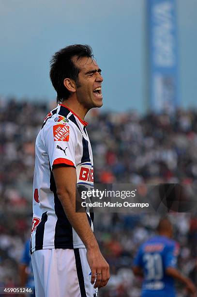 Cesar 'Chelito' Delgado of Monterrey reacts after losing a chance at goal during a match between Monterrey and Chivas as part of 8th round Apertura...