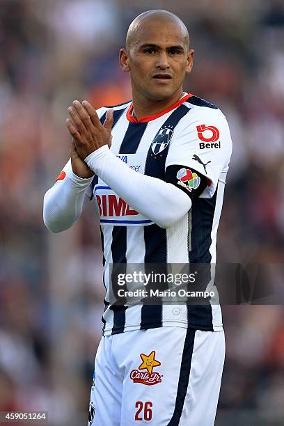 Humberto 'Chupete' Suazo of Monterrey gestures during a match between Monterrey and Chivas as part of 8th round Apertura 2014 Liga MX at Tecnologico...