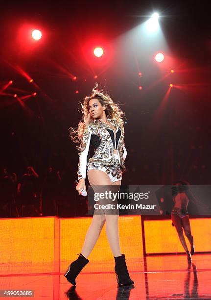 Entertainer Beyonce performs on stage during "The Mrs. Carter Show World Tour" at the Barclays Center on December 22, 2013 in New York, New York.
