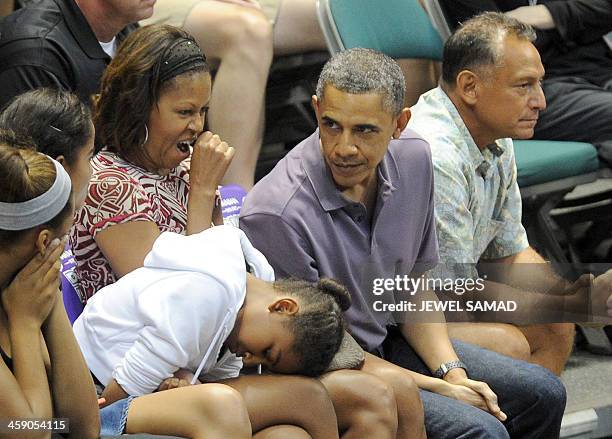 First Lady Michelle Obama yawns as President Barack Obama and their daughters Sasha and Malia and other family members watch the Oregon State...