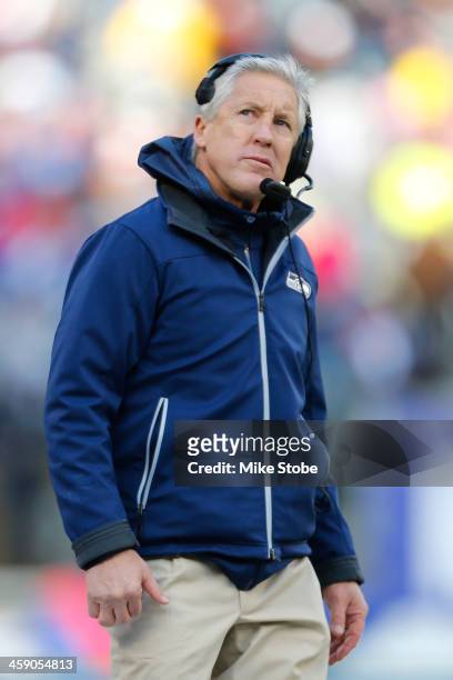 Head coach Pete Carroll of the Seattle Seahawks looks on against the New York Giants at MetLife Stadium on December 15, 2013 in East Rutherford, New...