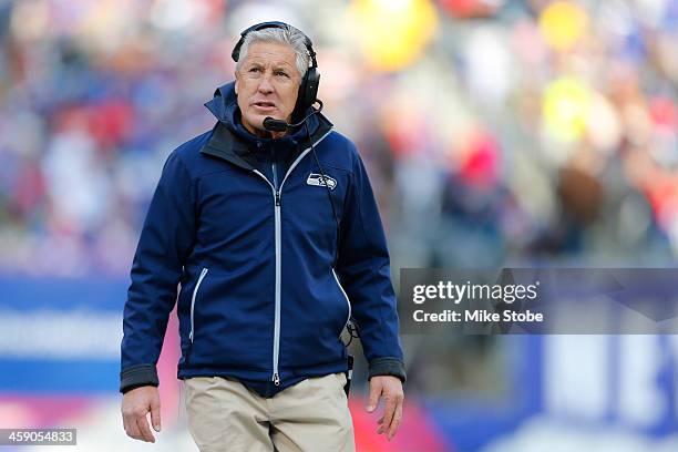 Head coach Pete Carroll of the Seattle Seahawks looks on against the New York Giants at MetLife Stadium on December 15, 2013 in East Rutherford, New...