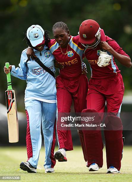 Shemaine Campbelle of West Indies is taken from the field with an injury during the Women's One Day International match between Australia and the...