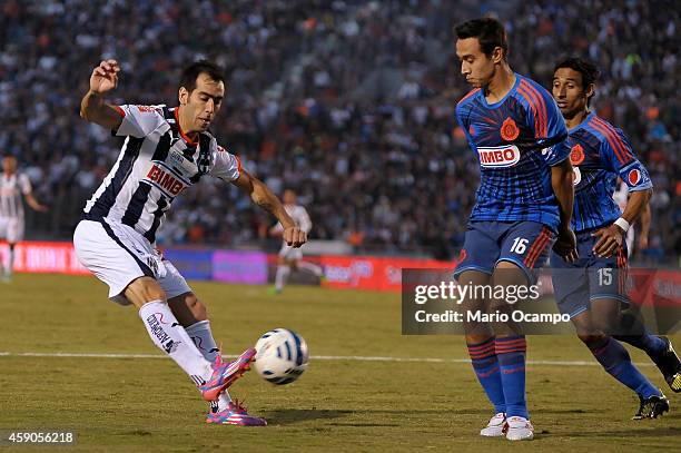 Cesar 'Chelito' Delgado of Monterrey controls the ball during a match between Monterrey and Chivas as part of 8th round Apertura 2014 Liga MX at...