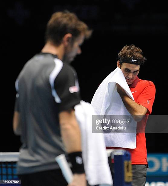 Roger Federer of Switzerland is seen in the singles semi-final match against Stan Wawrinka of Switzerland on day seven of the Barclays ATP World Tour...