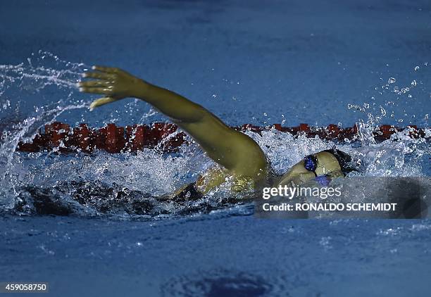 Venezuelan swimmer Andreina Pinto competes during the Women's 400m freestyle at the XXII Central American and Caribbean Games, in Veracruz, Mexico,...