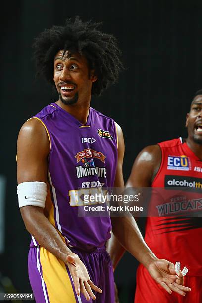 Josh Childress of the Kings appeals to the referee during the round six NBL match between the Sydney Kings and the Perth Wildcats at Sydney...