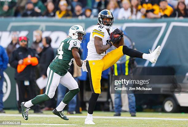 Martavis Bryant of the Pittsburgh Steelers in action against Phillip Adams of the New York Jets on November 9, 2014 at MetLife Stadium in East...