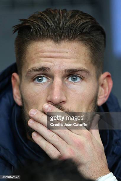 Goalkeeper of France Benoit Costil looks on from the bench during the international friendly match between France and Albania at Stade de la Route de...