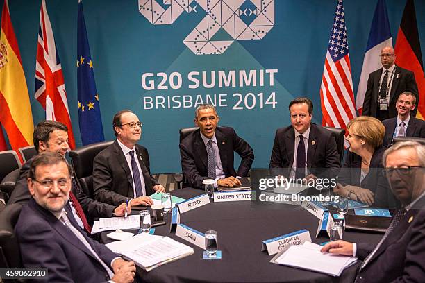 President Barack Obama, center, speaks as Mariano Rajoy, Spain's prime minister, clockwise from left, Matteo Renzi, Italy's prime minister, Francois...