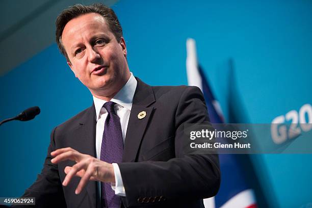 British Prime Minister David Cameron speaks at a press conference during the G20 Summit on November 16, 2014 in Brisbane, Australia. Cameron spoke on...