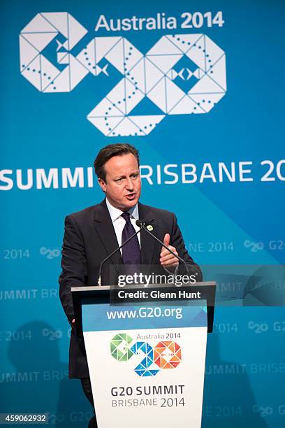 British Prime Minister David Cameron speaks at a press conference during the G20 Summit on November 16, 2014 in Brisbane, Australia. Cameron spoke on...