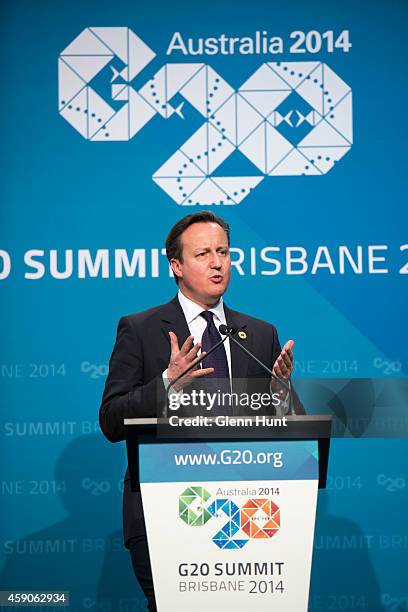 British Prime Minister David Cameron speaks at a press conference during the G20 Summit on November 16, 2014 in Brisbane, Australia. Cameron spoke on...