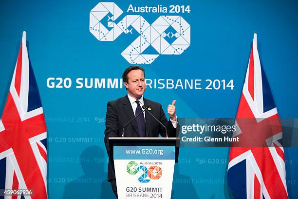 British Prime Minister David Cameron speaks at a press conference during the G20 Summit on November 16, 2014 in Brisbane, Australia. Cameron spoke on...