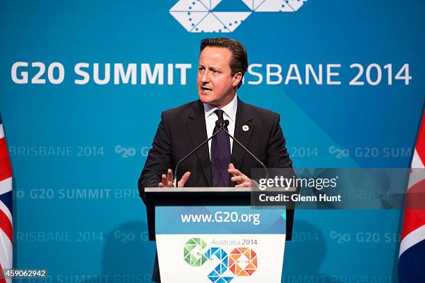 British Prime Minister David Cameron speaks at a press conference during the G20 Summit on November 16, 2014 in Brisbane, Australia. Cameron spoke on...