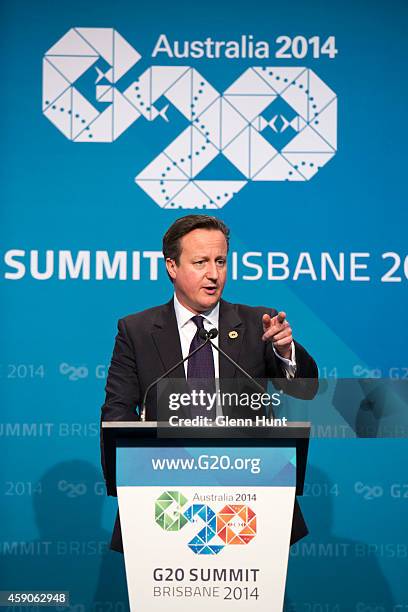 British Prime Minister David Cameron speaks at a press conference during the G20 Summit on November 16, 2014 in Brisbane, Australia. Cameron spoke on...