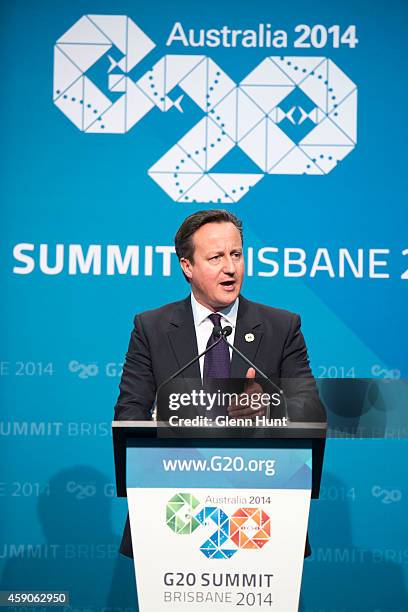 British Prime Minister David Cameron speaks at a press conference during the G20 Summit on November 16, 2014 in Brisbane, Australia. Cameron spoke on...