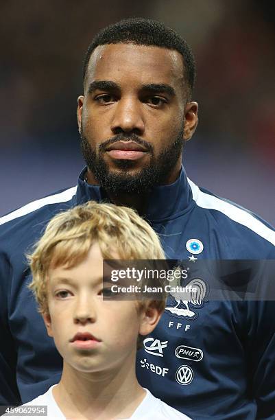 Alexandre Lacazette of France poses before the international friendly match between France and Albania at Stade de la Route de Lorient stadium on...