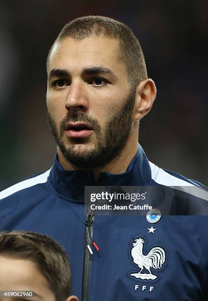 Karim Benzema of France looks on before the international friendly match between France and Albania at Stade de la Route de Lorient stadium on...