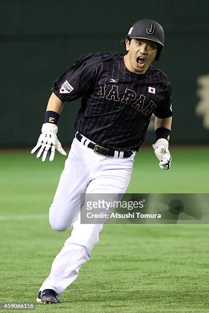 Nobuhiro Matsuda of Samurai Japan runs home to score in the second inning during the game four of Samurai Japan and MLB All Stars at Tokyo Dome on...